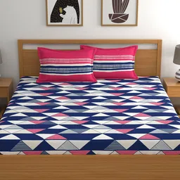 Home Ecstasy Red & Navy Blue Printed 140 TC King Cotton Bedsheet with 2 Pillow Covers-image-79