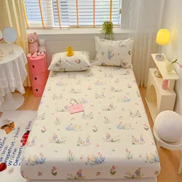 JC HOME Cream Floral Cotton 210 TC Fitted Single Bedsheet with 1 Pillow Covers-picture-36