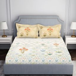 SPACES Cream-Coloured & White Floral Cotton 130 TC King Bedsheet with 2 Pillow Covers-picture-35