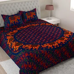 Aura Blue & Green Ethnic Motifs Pure Cotton 144 TC King Bedsheet with 2 Pillow Covers-image-27