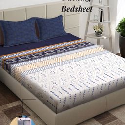 Arrabi Peach-Coloured & Blue Geometric 300 TC King Bedsheet with 2 Pillow Covers-picture-30