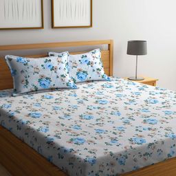 FABINALIV White & Blue Floral 300 TC King Bedsheet With 2 Pillow Covers-picture-34