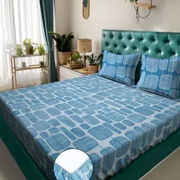 KLOTTHE Turquoise Blue Floral Fitted 300TC Double King Bedsheet 2 Pillow Covers-picture-11