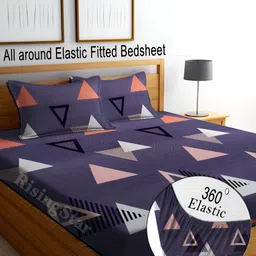RISING STAR Grey Geometric Cotton 260 TC Fitted King Bedsheet With 2 Pillow Covers-image-74