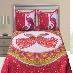 Aura Pink & White Ethnic Motifs Cotton 120 TC Queen Double Bedsheet With 2 Pillow Covers-image-87