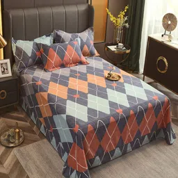 JC HOME Grey  Orange Geometric Pure Cotton 220 TC Single Bedsheet  2 Pillow Covers-picture-18