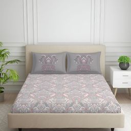 SPACES Grey & Orange Ethnic Motifs Cotton 144 TC King Bedsheet with 2 Pillow Covers-picture-10