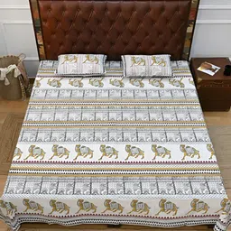 Art Avenue Yellow & White Ethnic Motifs 120 TC King Bedsheet with 2 Pillow Covers-picture-30