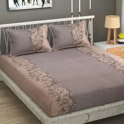 Bajo's Grey & Beige Printed Cotton 250 TC Fitted Queen Bedsheet with 2 Pillow Covers-picture-16