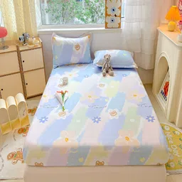 JC HOME Blue & White Floral Cotton Fitted 220 TC King Bedsheet With 2 Pillow Covers-picture-24