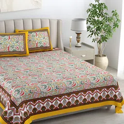 EasyGoods Green & Yellow Floral Cotton 400 TC King Bedsheet with 2 Pillow Covers-image-67