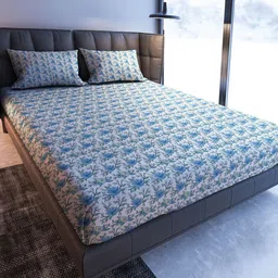 MAYFAIR HOMES LONDON Blue Blooming Floral Cotton 108 TC King Bedsheet With 2 Pillow Covers-picture-18