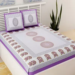 Aura Purple & White Ethnic Motifs Cotton 120 TC Queen Double Bedsheet With 2 Pillow Covers-image-75