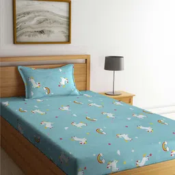 KLOTTHE Blue & White Printed 300TC Fitted Single Bedsheet With Pillow Cover-image-31
