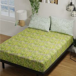 BIANCA Green & White Floral Pure Cotton 144 TC Queen Bedsheet with 2 Pillow Covers-picture-15
