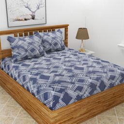 MORADO Blue & White Geometric 210 TC Fitted Queen Bedsheet with 2 Pillow Covers-picture-7