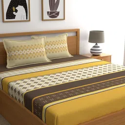 Home Ecstasy Mustard & Cream Ethnic Motifs 140TC Queen Bedsheet With 2 Pillow Covers-picture-43