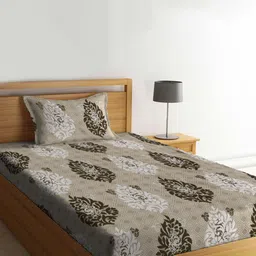 KLOTTHE Beige & Brown Floral Printed 300TC Fitted Single Bedsheet With 1 Pillow Cover-image-44