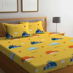 FABINALIV Yellow Cartoon Printed 300 TC King Fitted Bedsheet & 2 Pillow Covers-image-38