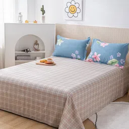 JC HOME Beige & White Checked Cotton 200 TC Single Bedsheet with 1 Pillow Covers-picture-28
