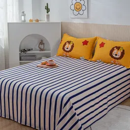 JC HOME White & Blue Striped Pure Cotton 200 TC King Bedsheet With 1 Pillow Cover-picture-24