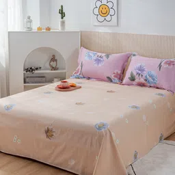 JC HOME Peach-Coloured Floral 200 TC Cotton Queen Bedsheet with 2 Pillow Covers-picture-27
