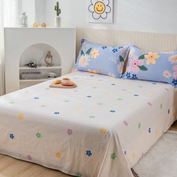 JC HOME Cream-Coloured  Blue Floral 200 TC Queen Bedsheet with 2 Pillow Covers-picture-9