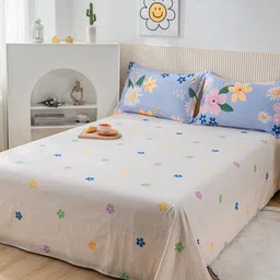 JC HOME White & Blue Floral 200 TC Single Bedsheet With 1 Pillow Covers-picture-42