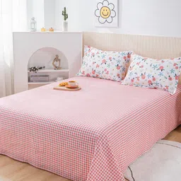 JC HOME Pink & White Checked Cotton 200 TC King Bedsheet with 2 Pillow Covers-picture-30