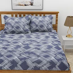 MORADO Blue & White Geometric 210 TC Fitted Queen Bedsheet with 2 Pillow Covers image 3