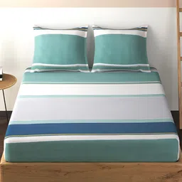 HOKIPO Green & White Striped Printed Microfiber Fitted Queen Bedsheet with 2 Pillow Covers image 2