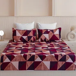 HOMEMONDE Purple & Brown Geometric Cotton Fitted 210 TC King Bedsheet With 2 Pillow Covers image 3