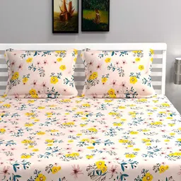 Bajo's Peach Coloured & Yellow Cotton Floral 350 TC King Bedsheet with 2 Pillow Covers image 3