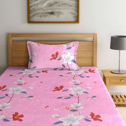 Arrabi Pink Floral 300 TC Cotton Blend Single Size Fitted Bedsheet with 1 Pillow Cover image 4