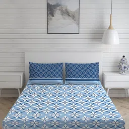 Layers Blue Floral 230 TC Cotton Queen Bedsheet With 2 Pillow Covers image 4