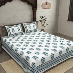 JAIPUR FABRIC Fancy Inclination Off White & green 240 TC Queen Bedsheet & 2 Pillow Covers image 2