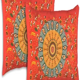 Runjhun Red Ethnic Motifs Printed 144 TC Pure Cotton Queen Bedsheet & 2 Pillow Covers image 2