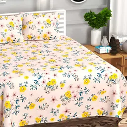 Bajo's Peach Coloured & Yellow Cotton Floral 350 TC King Bedsheet with 2 Pillow Covers image 2