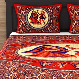 Varde Red & Off White Ethnic Motifs 104 TC Pure Cotton Queen Bedsheet with 2 Pillow Covers image 3
