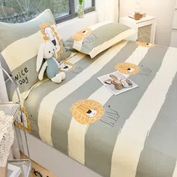 JC HOME Cream Striped Cotton 220 TC Fitted Queen Bedsheet With 2 Pillow Covers image 4