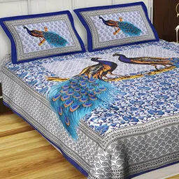 POORAK Blue & Mustard Peacock Printed 104 TC Cotton Queen Bedsheet With 2 Pillow Covers image 3