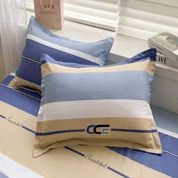 JC HOME Beige Striped Cotton Fitted 220 TC Single Bedsheet with 1 Pillow Covers image 2