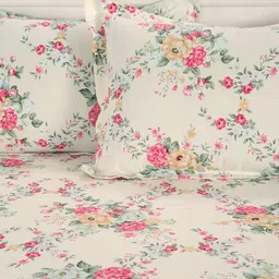 SWAYAM Off-White & Pink Floral Fitted 250 TC Cotton 1 Queen Bedsheet with 2 Pillow Covers image 3