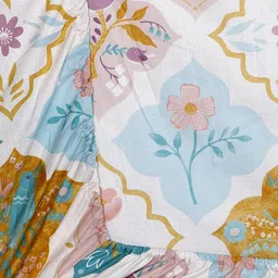 Arrabi White & Mustard Floral Print 300 TC King Size Fitted Bedsheet with 2 Pillow Covers image 4