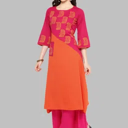 Bitterlime Women Pink & Orange Block Print Kurta image 5