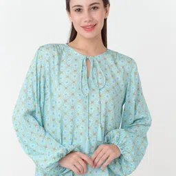 Zink London Geometric Printed Tie-Up Neck Puff Sleeves A-Line Top image 1
