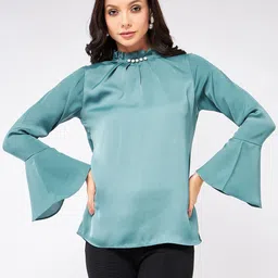 Pannkh High Neck Pleated Bell Sleeve Top-picture-11