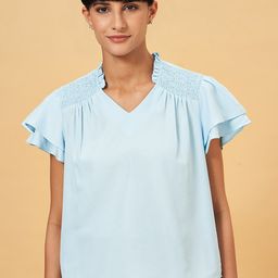 Annabelle by Pantaloons Mandarin Collar Flutter Sleeve Smocked Top-picture-6
