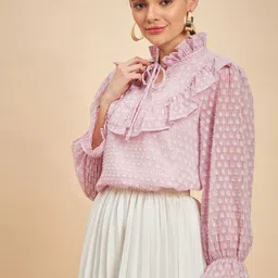 MINT STREET Self Design Tie-Up Neck Ruffles Puff Sleeve Top image 4