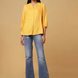 Marigold Lane Self Design Mandarin Collar Shirt Style Top image 5